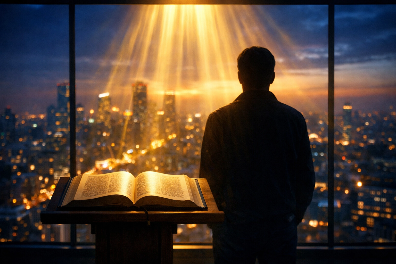 A silhouette overlooking a city with an open Bible, illustrating a faith-centered lens for world news.