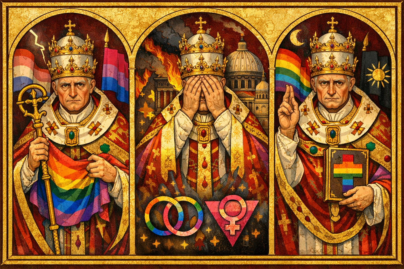 Three papal figures representing Pope Benedict IX's unprecedented three separate reigns