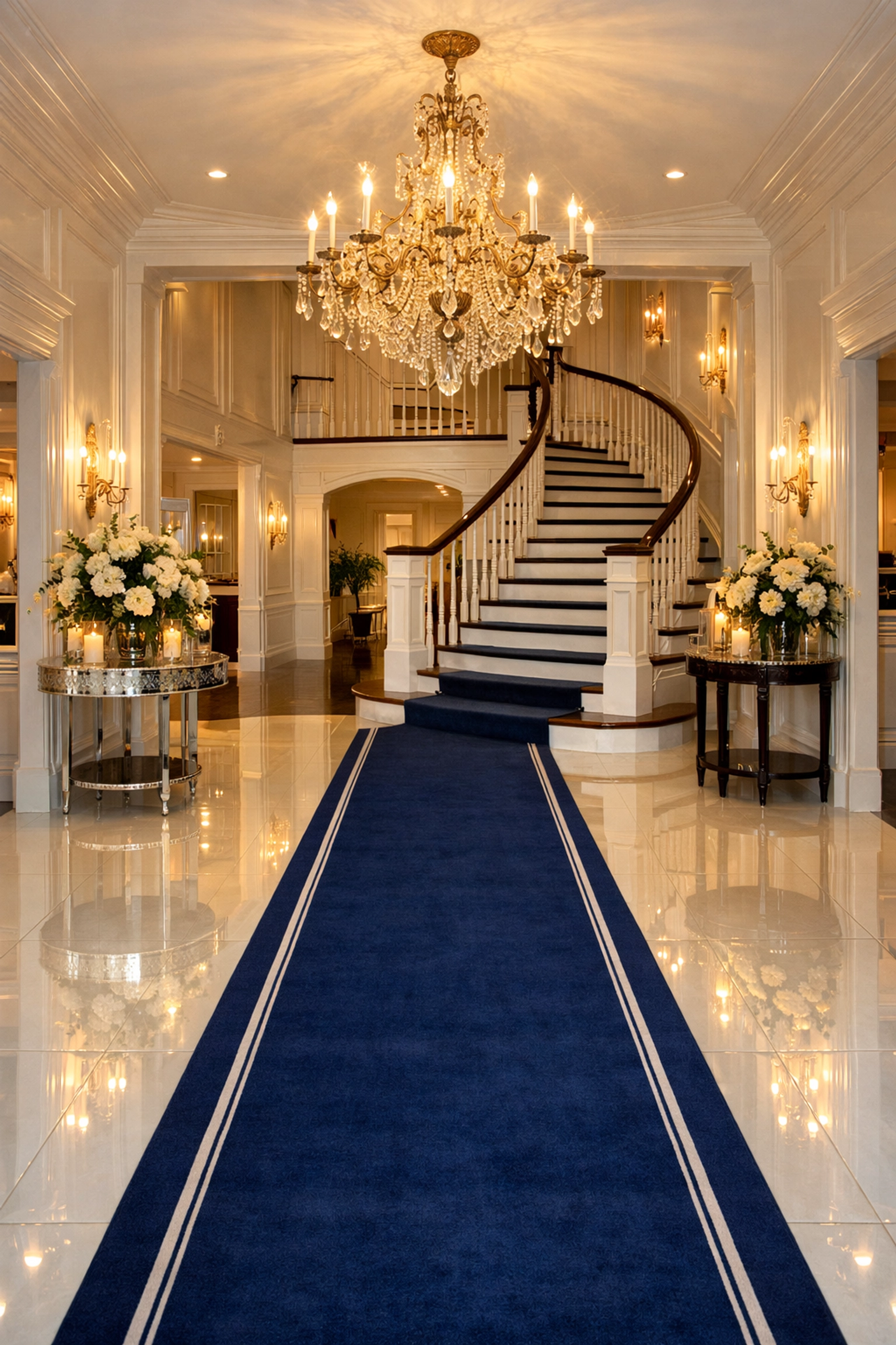 Grand entryway of a Hingham coastal manor with spotless tiles and elegant chandelier.