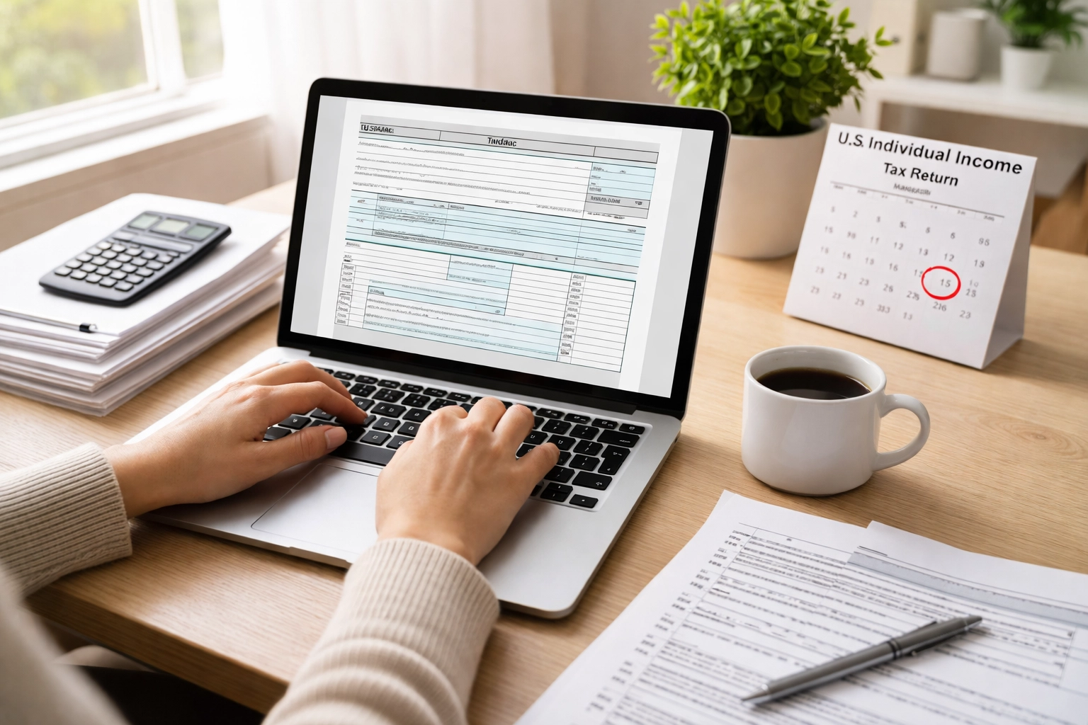 Person using a laptop to fill out tax forms at an organized home office desk, highlighting tax filing extension process