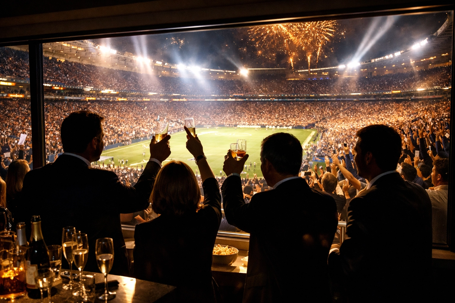 Premium suite view of packed Super Bowl stadium with celebrating executives