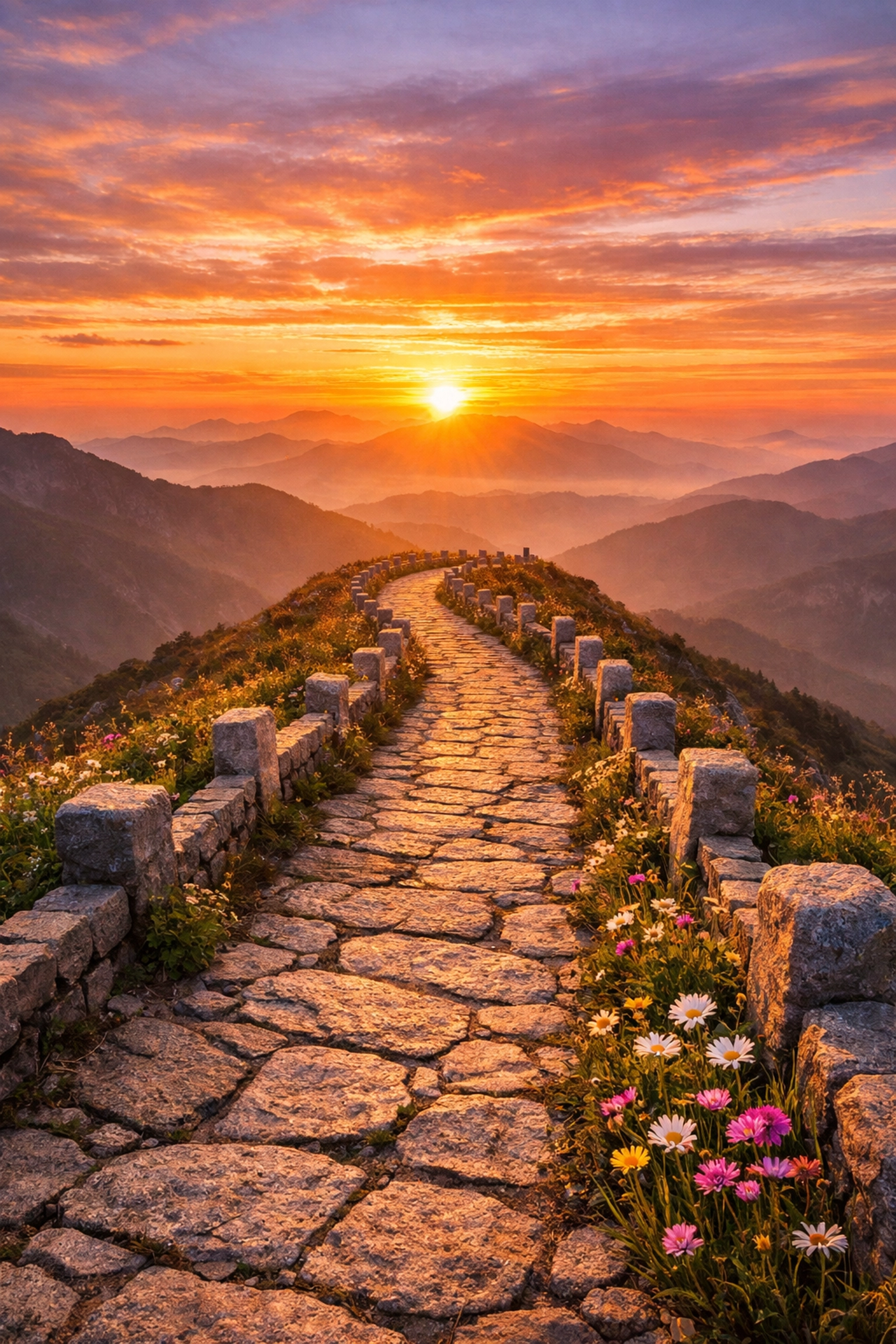 Mountain path with boundaries leading toward sunrise symbolizing God's direction and protective limits
