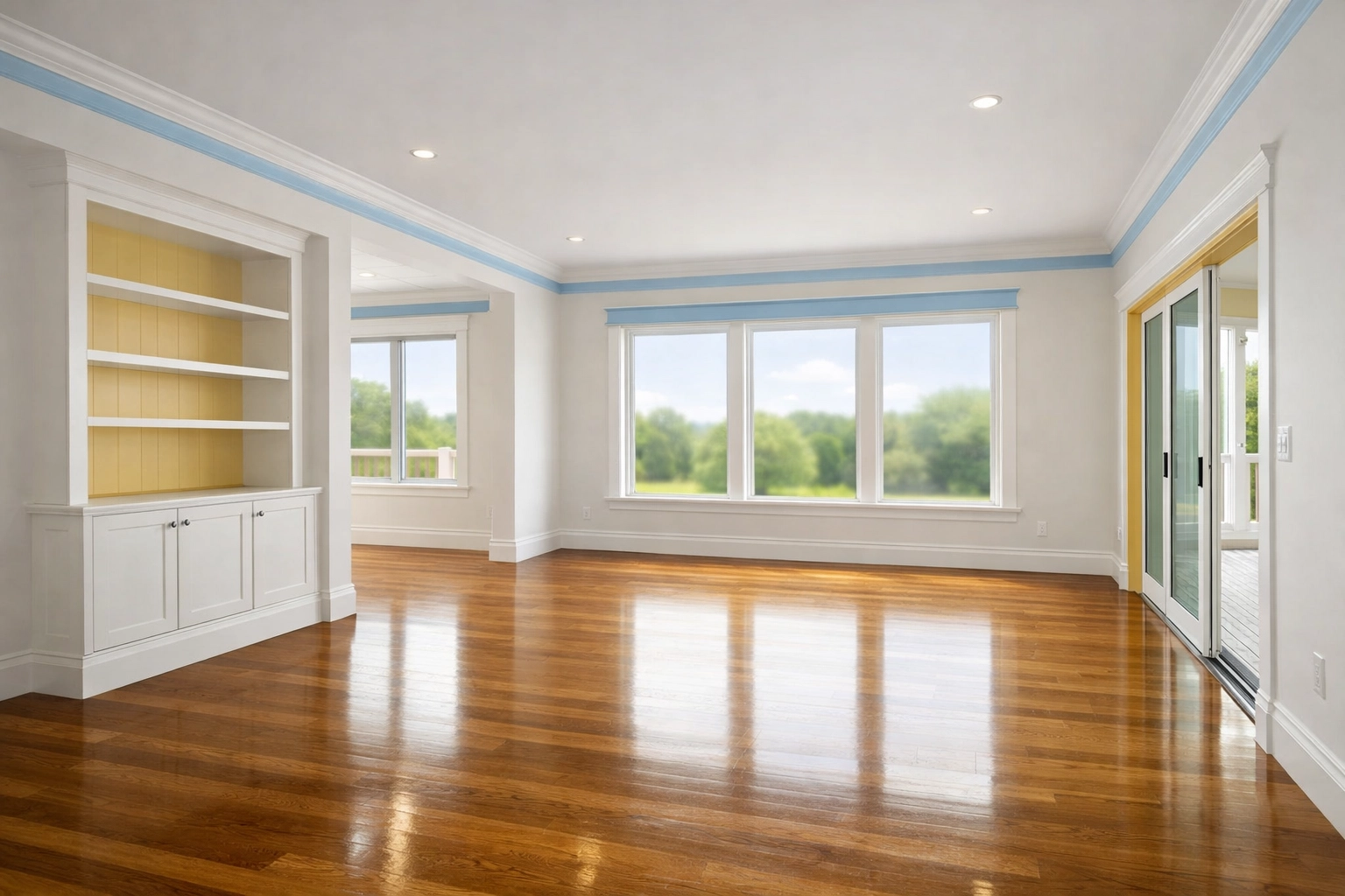 Clean living room with polished floors after a professional move-in cleaning service in Monument Beach.