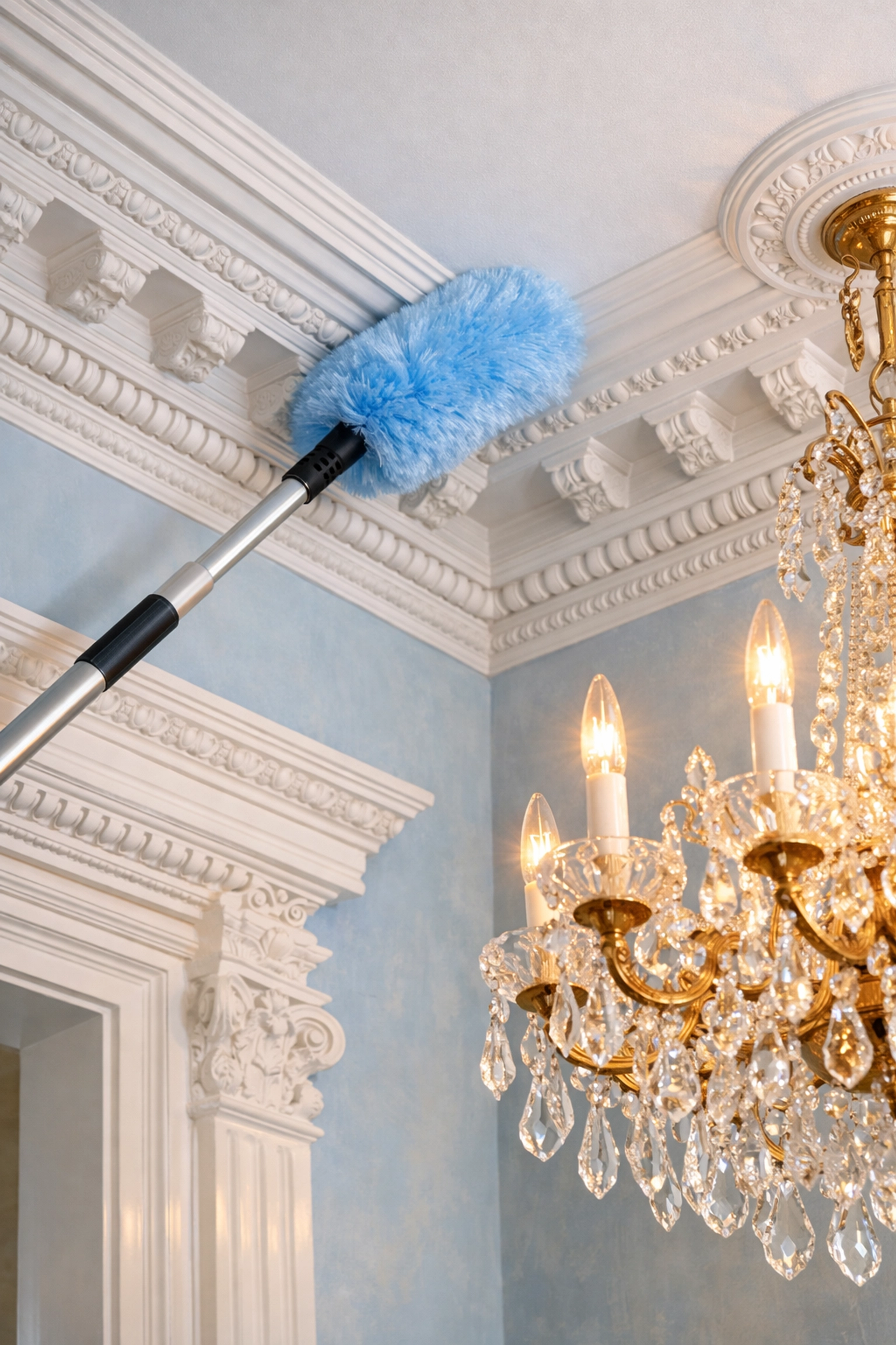 Dusting high crown molding and a chandelier during a professional Deep Cleaning in Marblehead MA session.