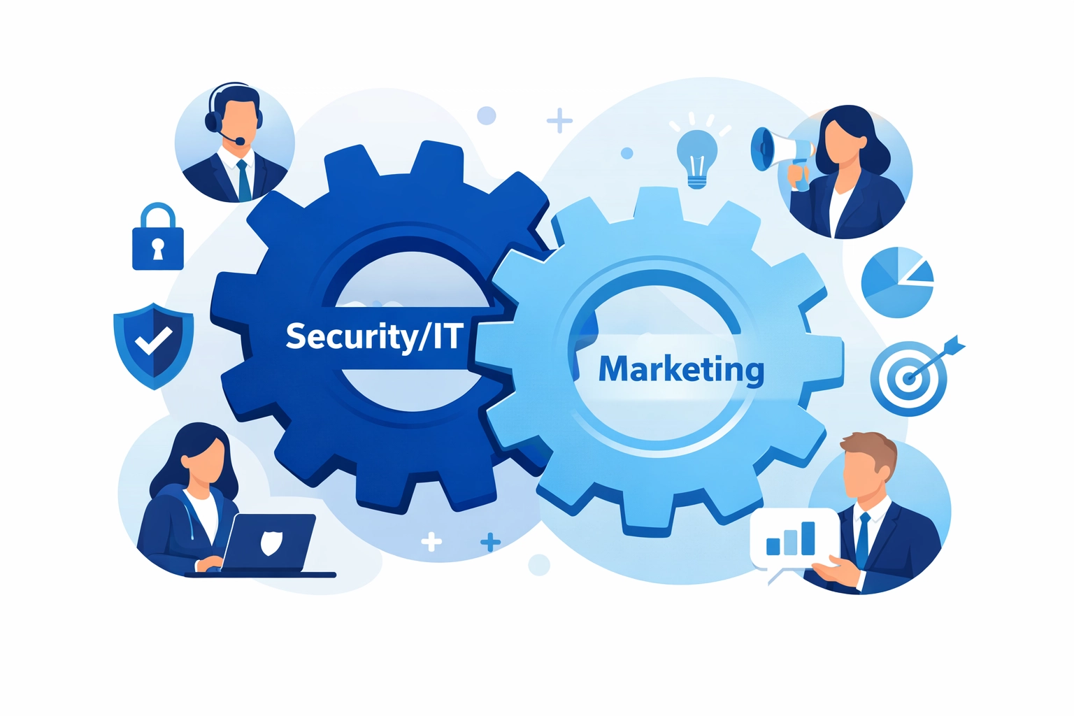 Blue interlocking gears symbolizing the collaboration between IT security teams and marketing strategy.