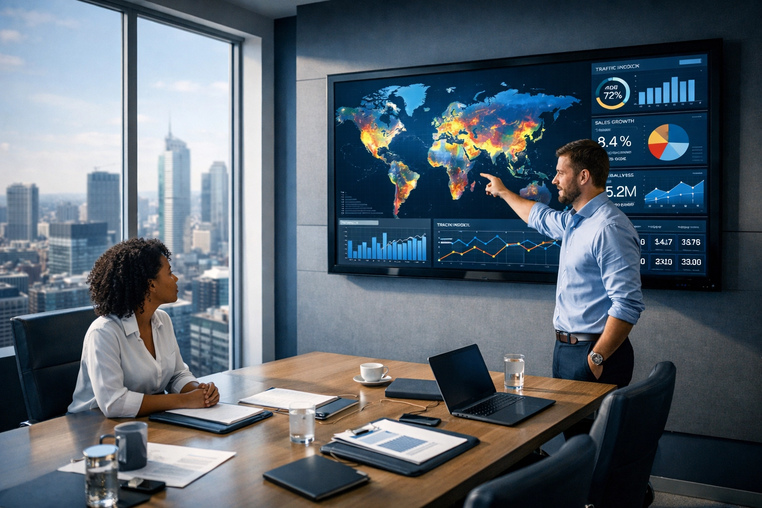 Strategic media consultants analyzing global data analytics on a digital screen for business innovation.