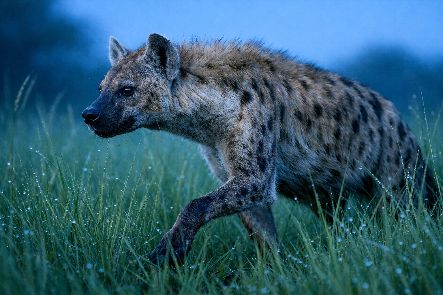 Spotted hyena in morning light, highlighting the ecosystem diversity for sustainable marketing campaigns.