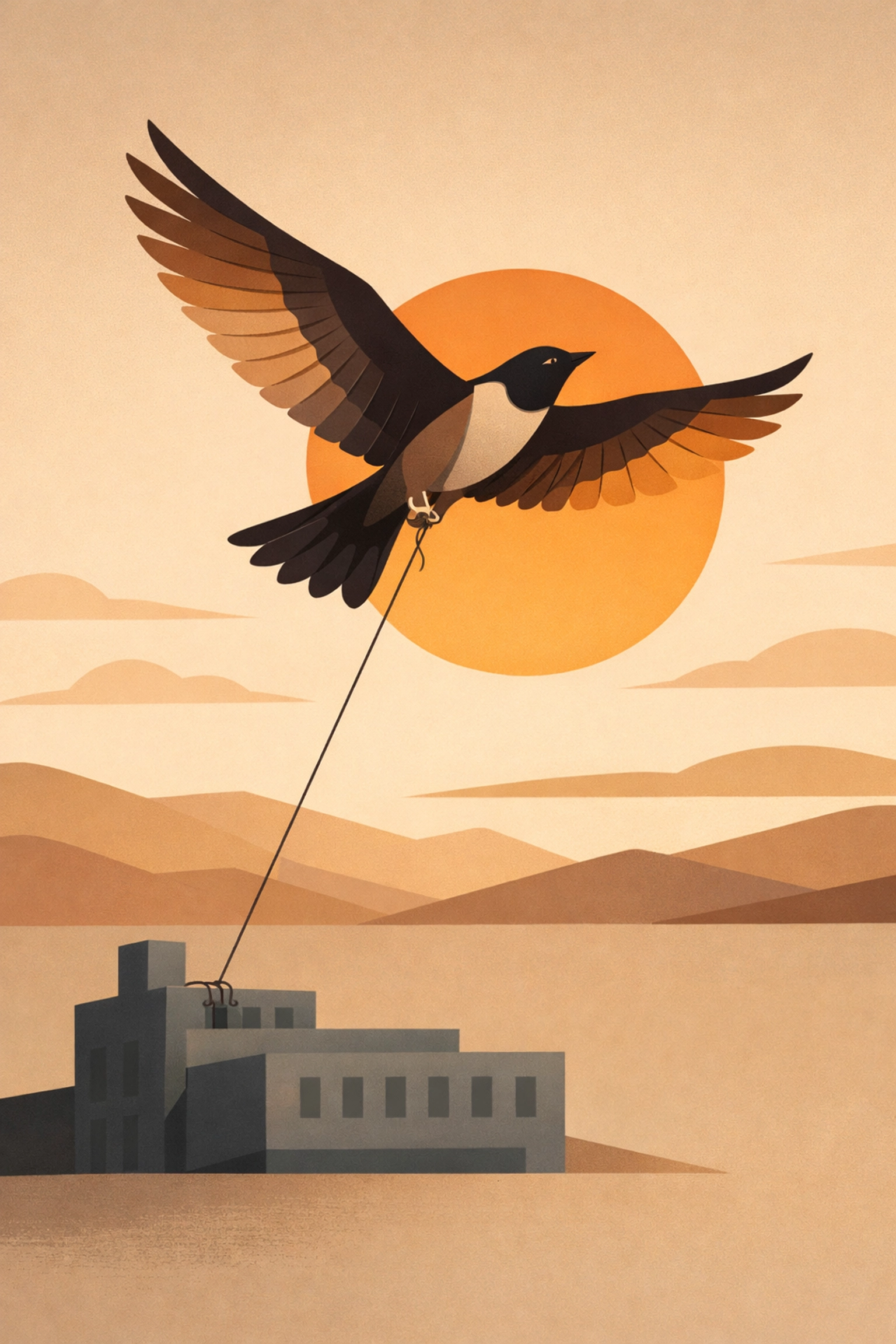 A bird tied to an office building representing the loss of employee autonomy under RTO mandates.