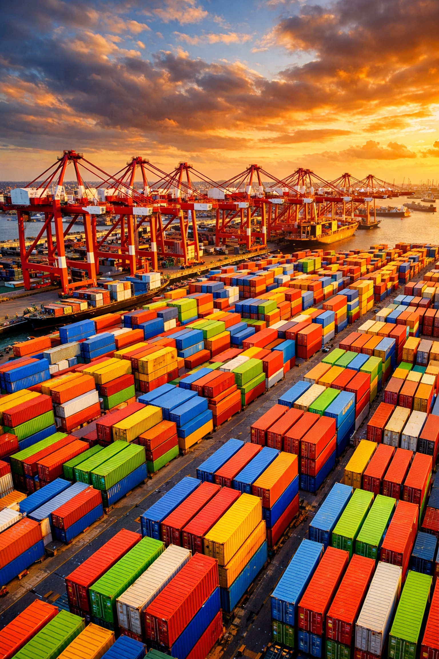Aerial view of major seaport with colorful shipping containers and cargo cranes