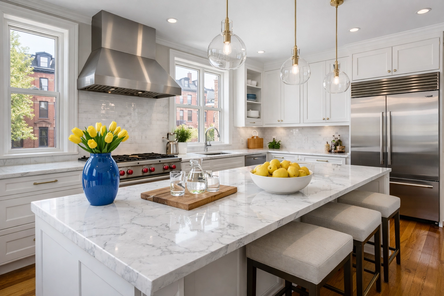 Sparkling modern kitchen in a Boston brownstone after a professional move-in cleaning service.