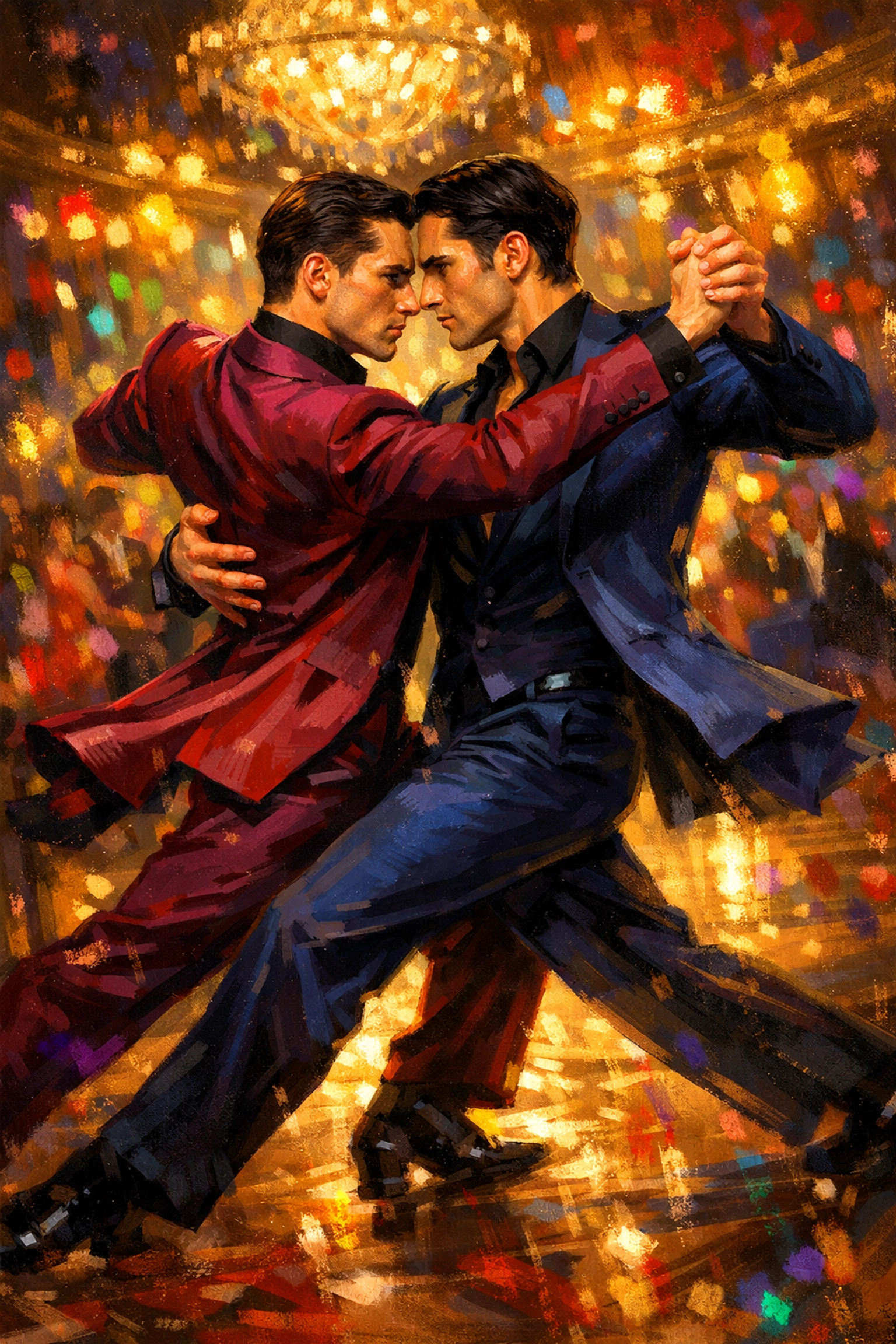 Two male ballroom dancers in passionate tango pose - LGBTQ+ dance romance