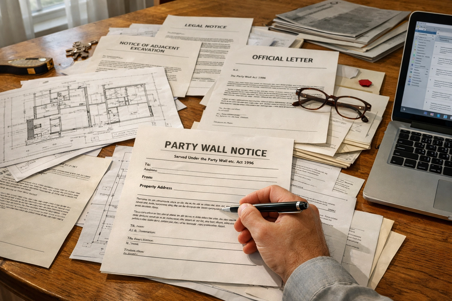 Party wall notice documents and legal paperwork spread on table during home extension planning