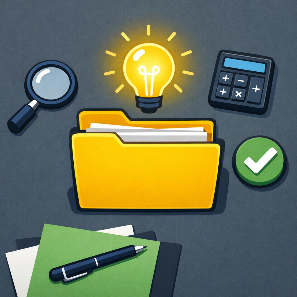 Detailed tax deduction analysis showing a file folder, magnifying glass, and lightbulb for expert insights.