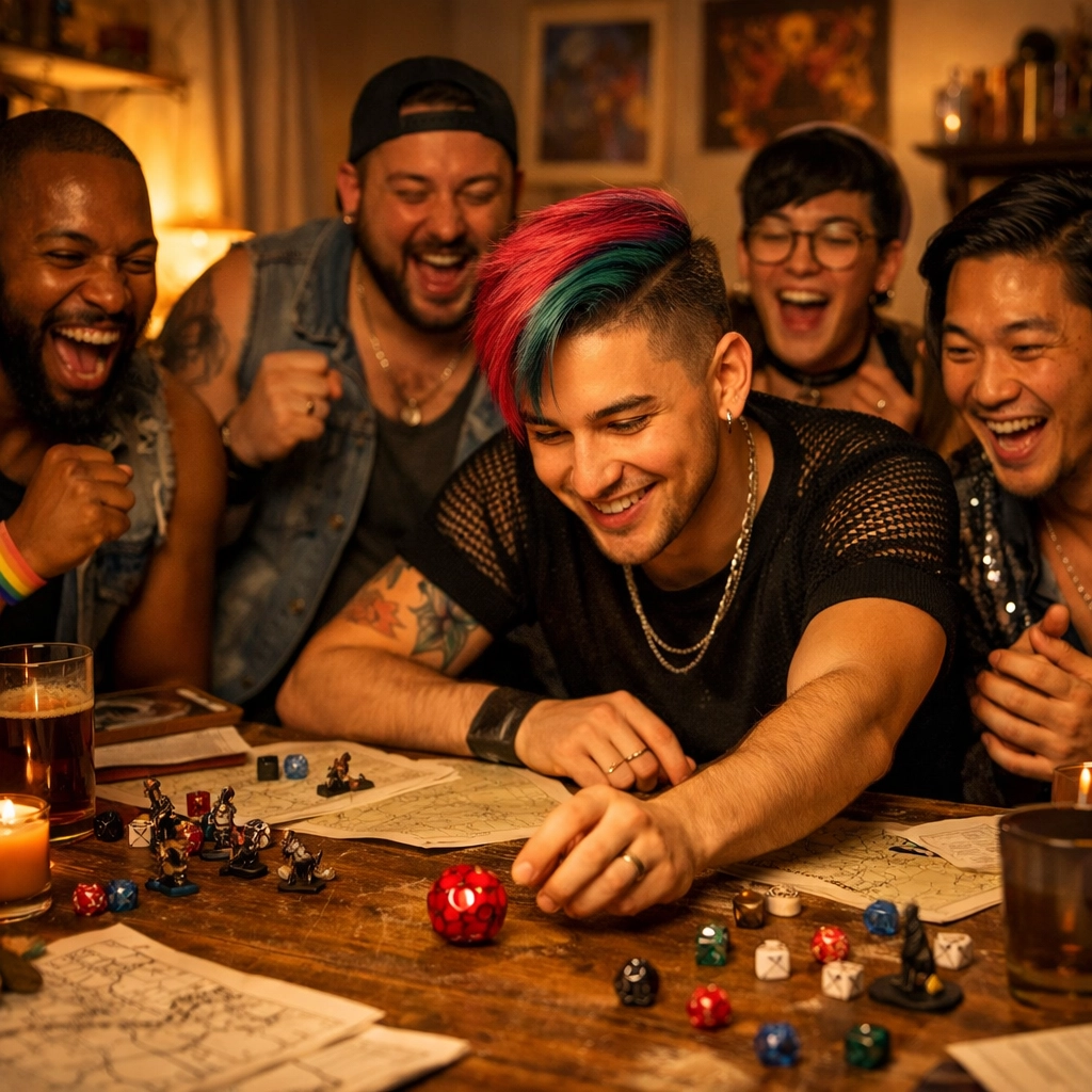 Diverse queer men playing a tabletop RPG, building community and living out an MM romance fantasy quest.