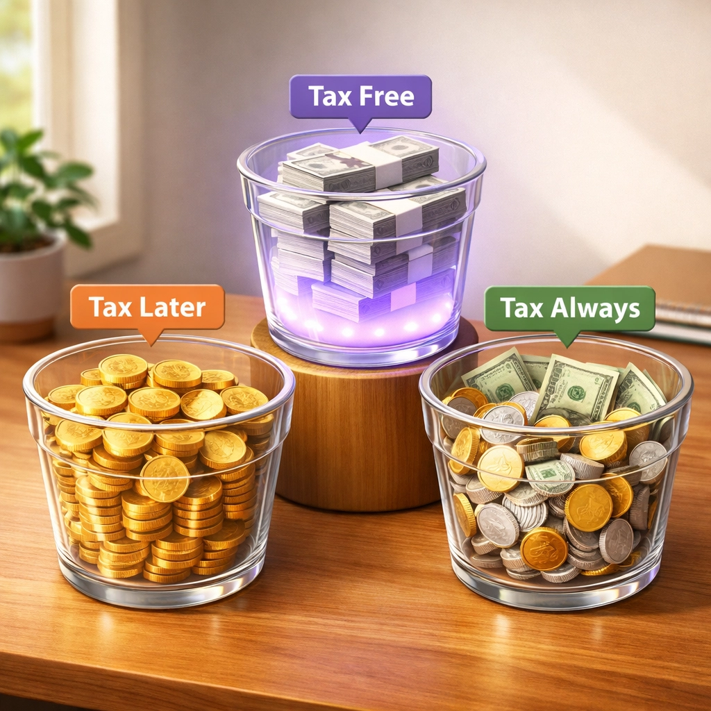 Three buckets representing the tax triangle: tax-deferred, tax-free, and taxable retirement accounts