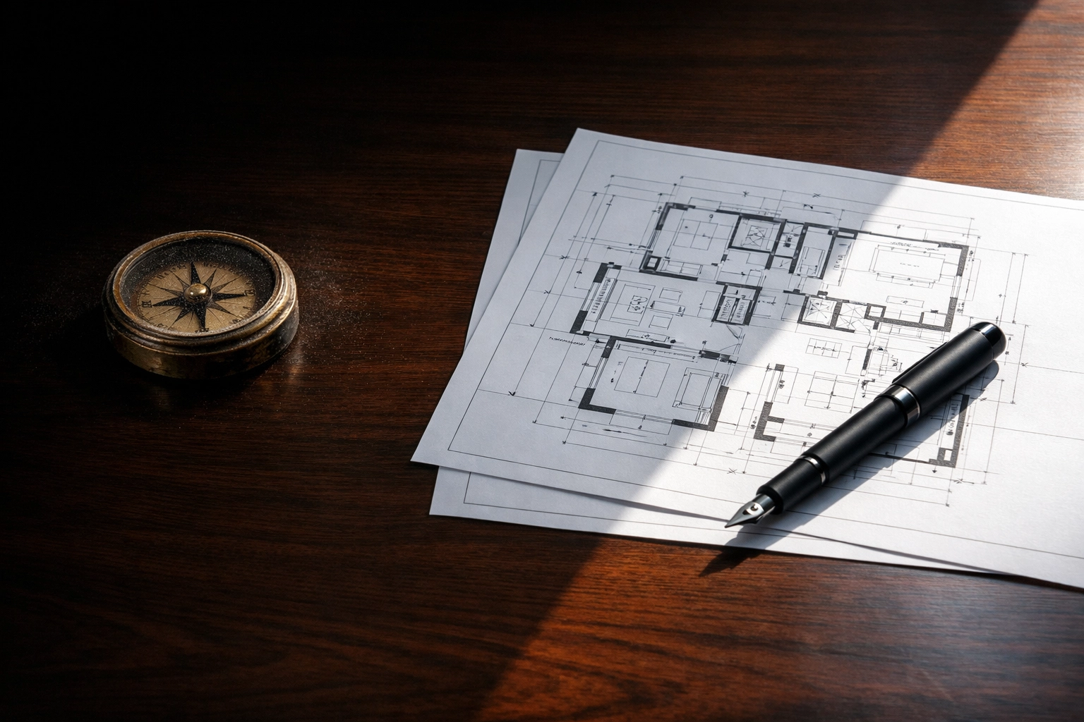 Dusty antique compass beside modern blueprints on a desk, symbolizing the shift to scalable leadership systems.