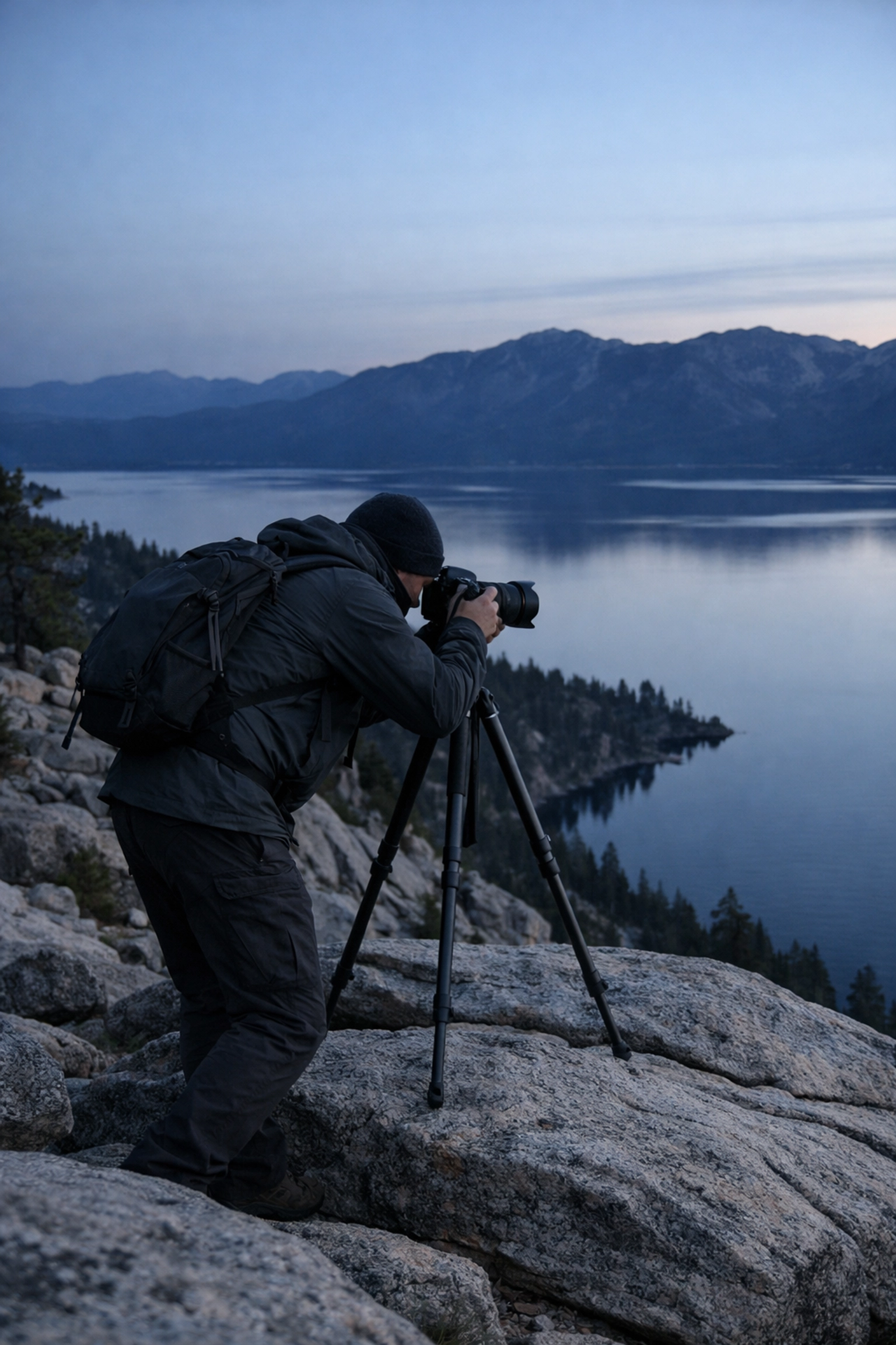 Professional photographer scouting landscape photography Lake Tahoe locations on a granite ridge at dawn.