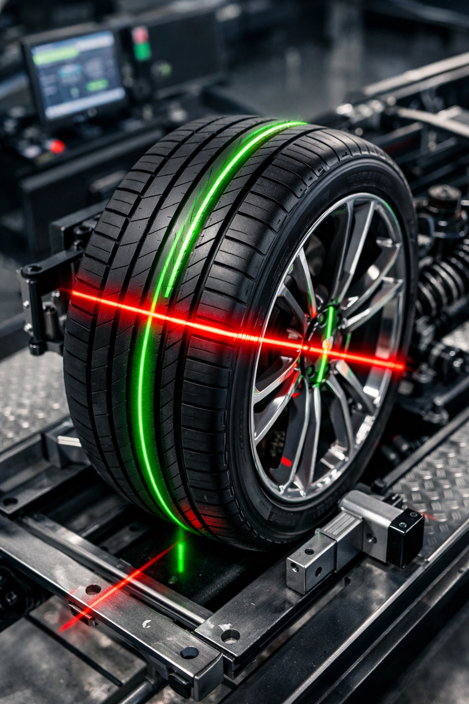 Professional wheel alignment service using laser sensors to adjust tire angles in a modern auto repair shop.