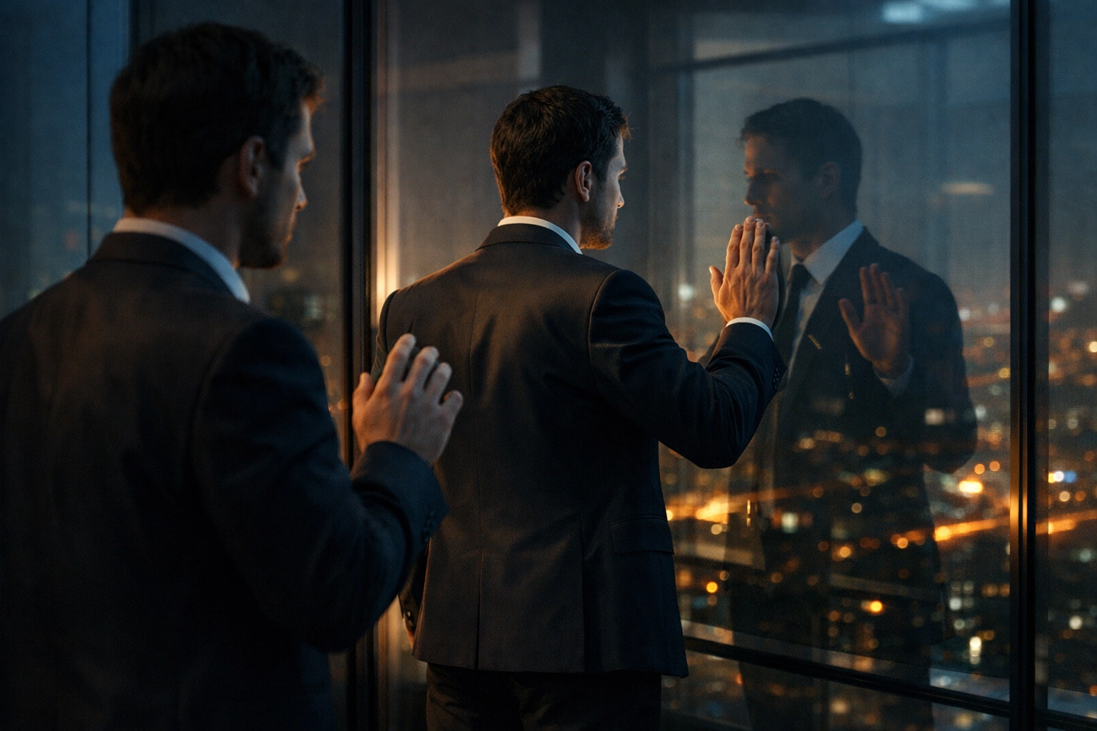 Two businessmen at office window illustrating closeted workplace gay romance struggles