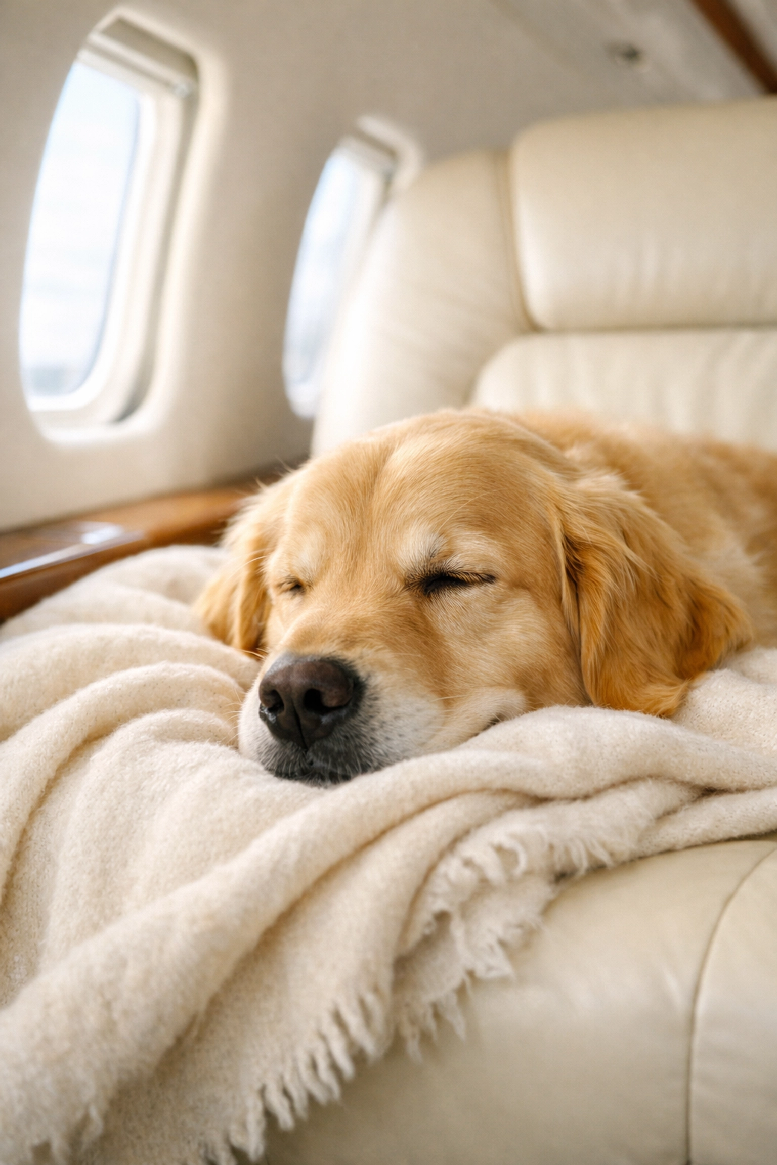 A golden retriever relaxing on a luxury private jet seat during a pet-friendly flight.