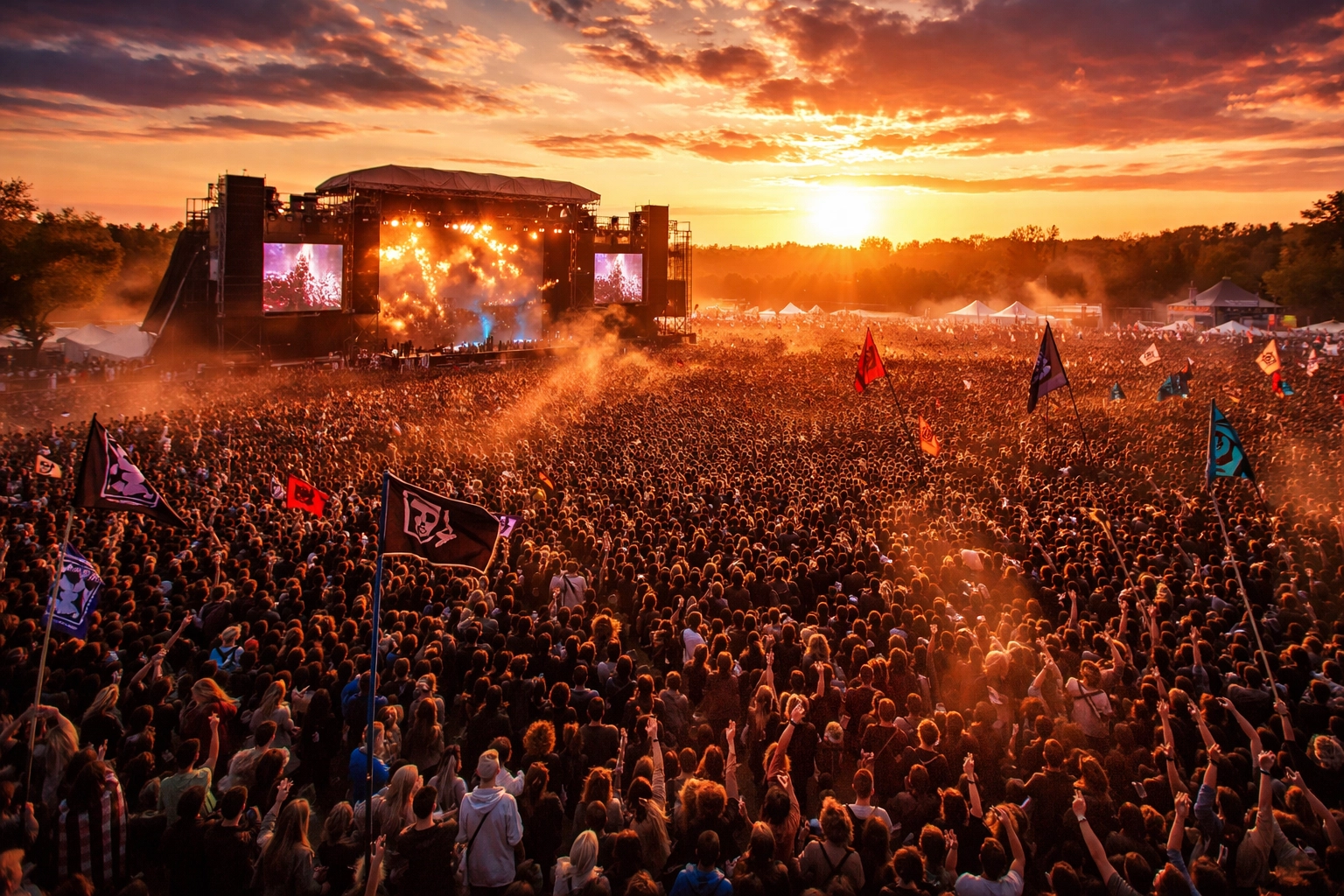Outdoor rock festival at sunset with huge crowd, main stage, and banners waving under colorful sky