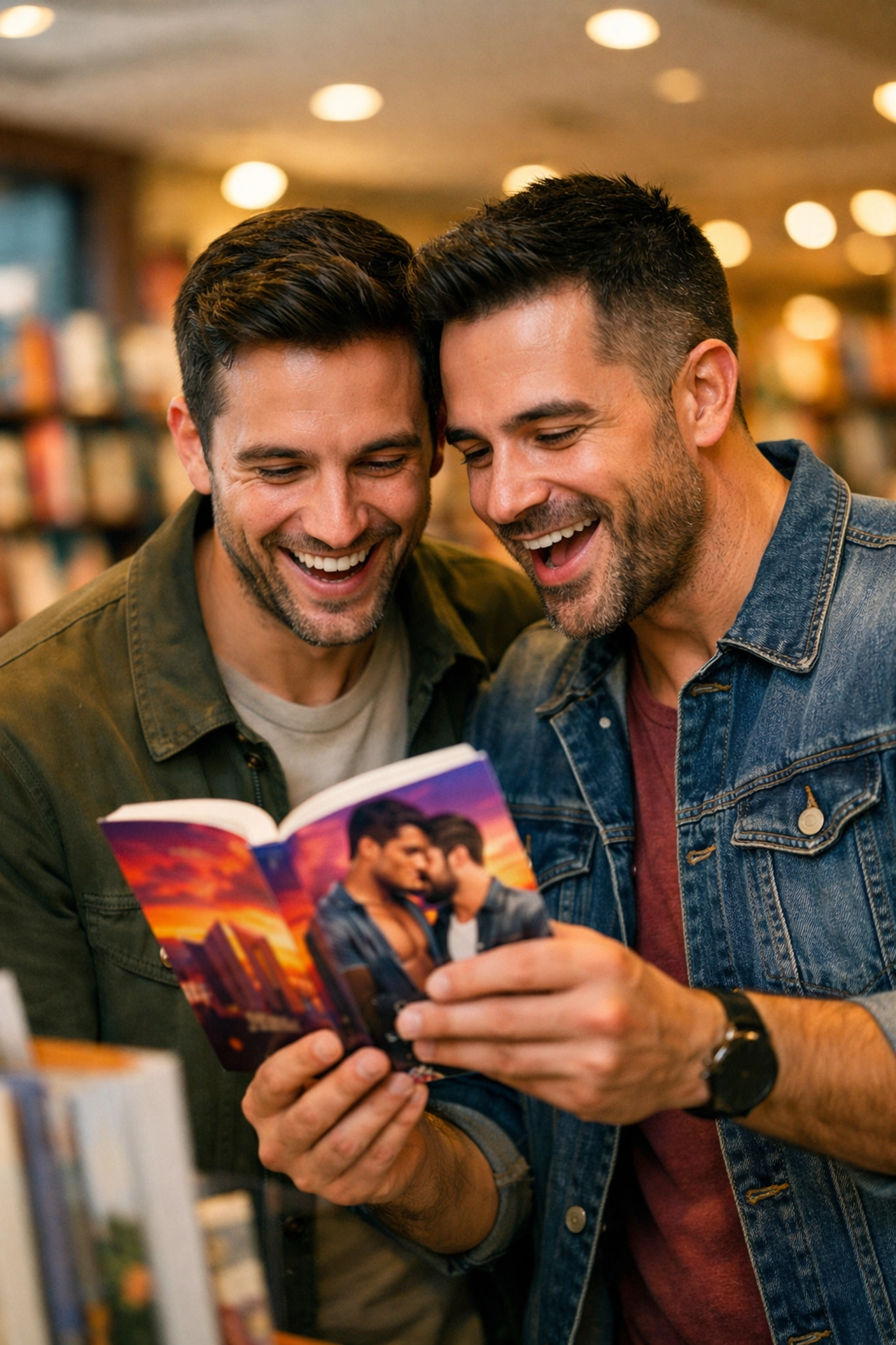 An excited gay couple browsing new MM romance releases in a contemporary bookstore, looking for their next read.