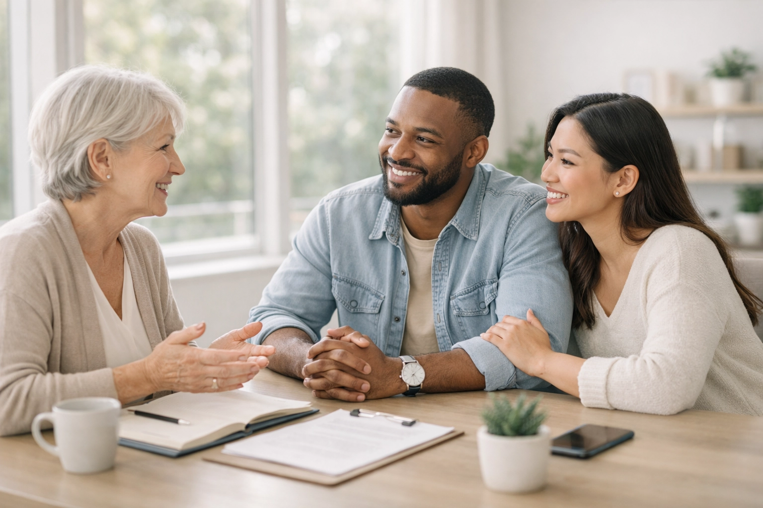 Insurance agent meeting with clients in modern office for consultation