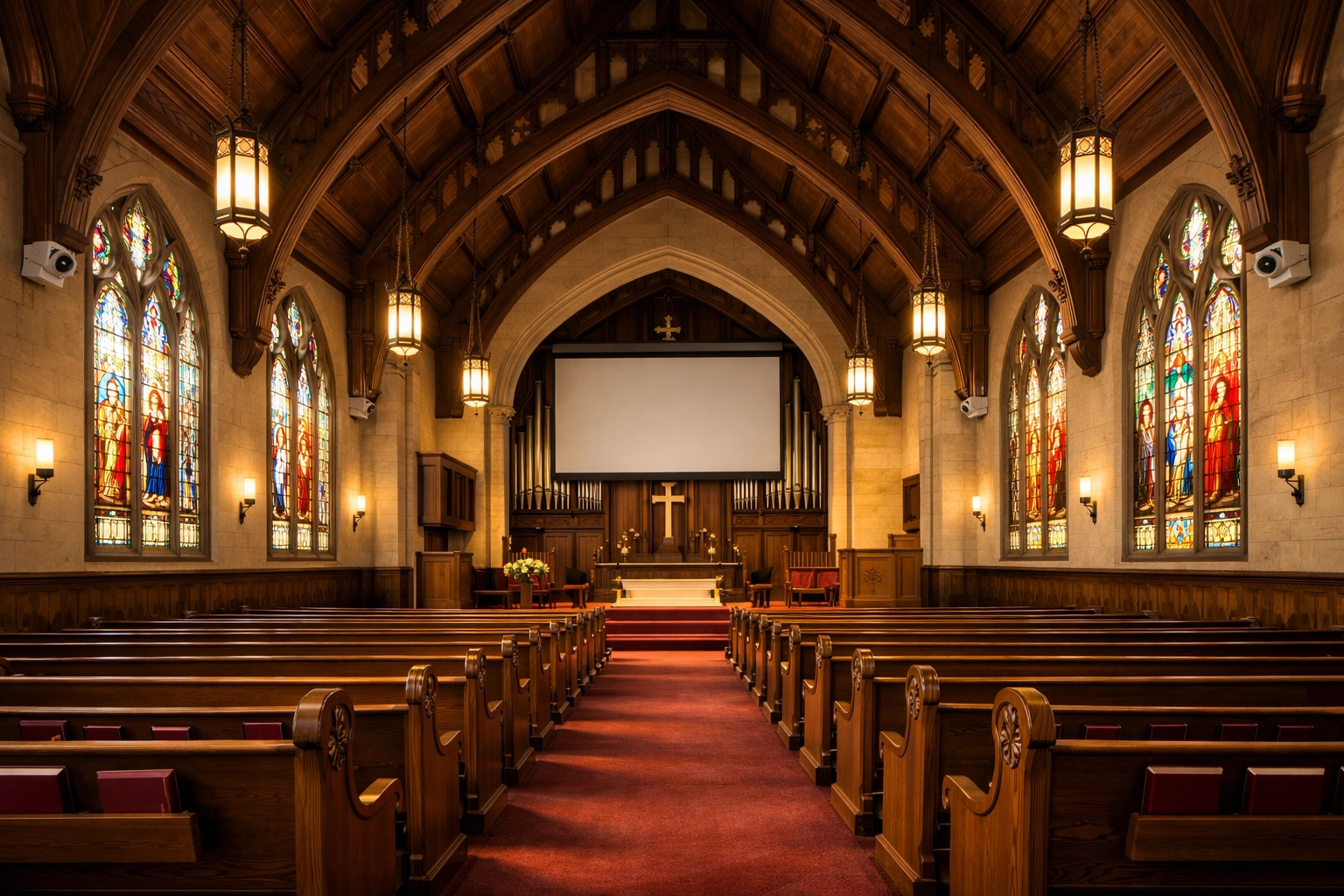 Historic sanctuary interior with modern AV technology integrated into traditional architecture