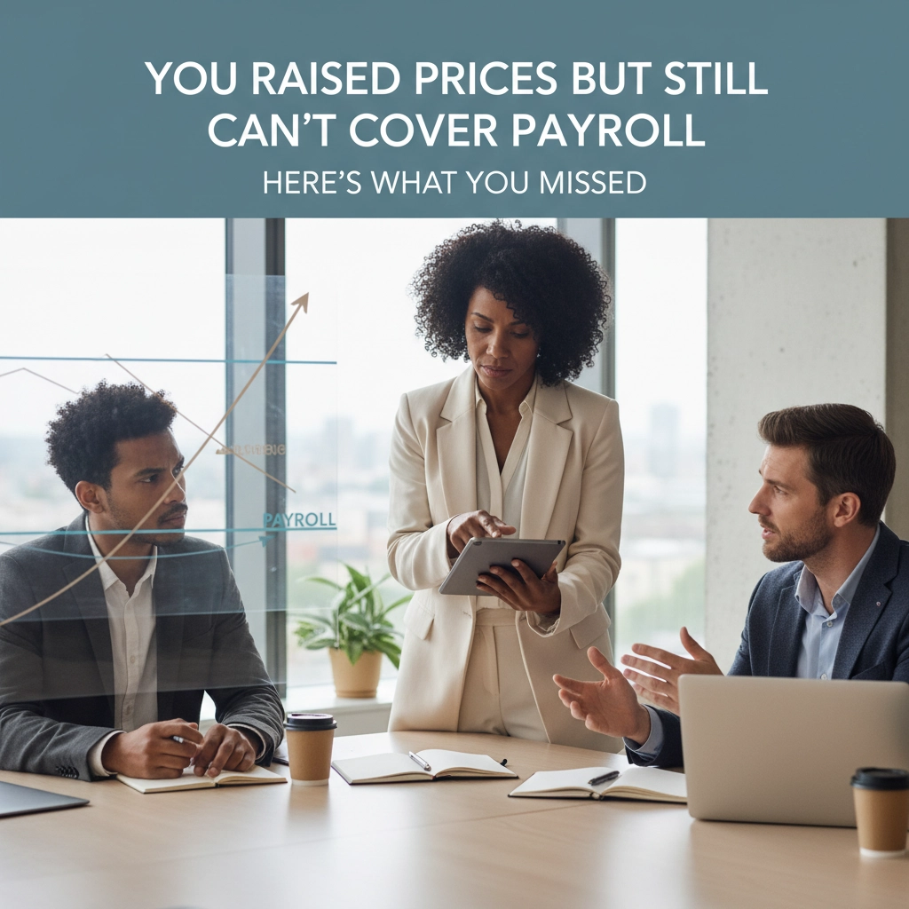 Female business leader presenting data on a tablet to two colleagues in a modern office with a city view