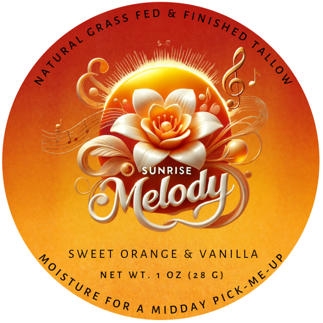 Sunrise Melody tallow balm tin (Sunrise Melody label on a round metal tin)