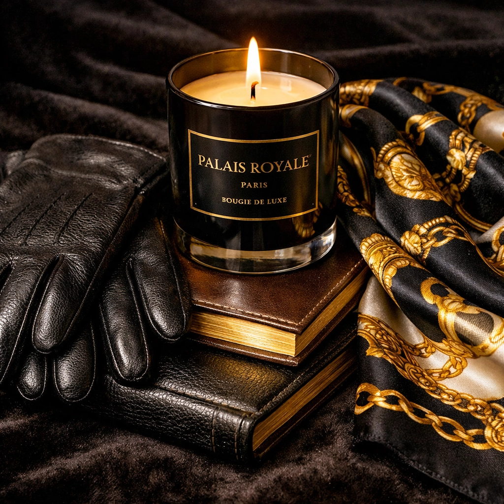 Premium Palais Royale candle with silk and leather accessories, highlighting luxury Black-owned home decor.