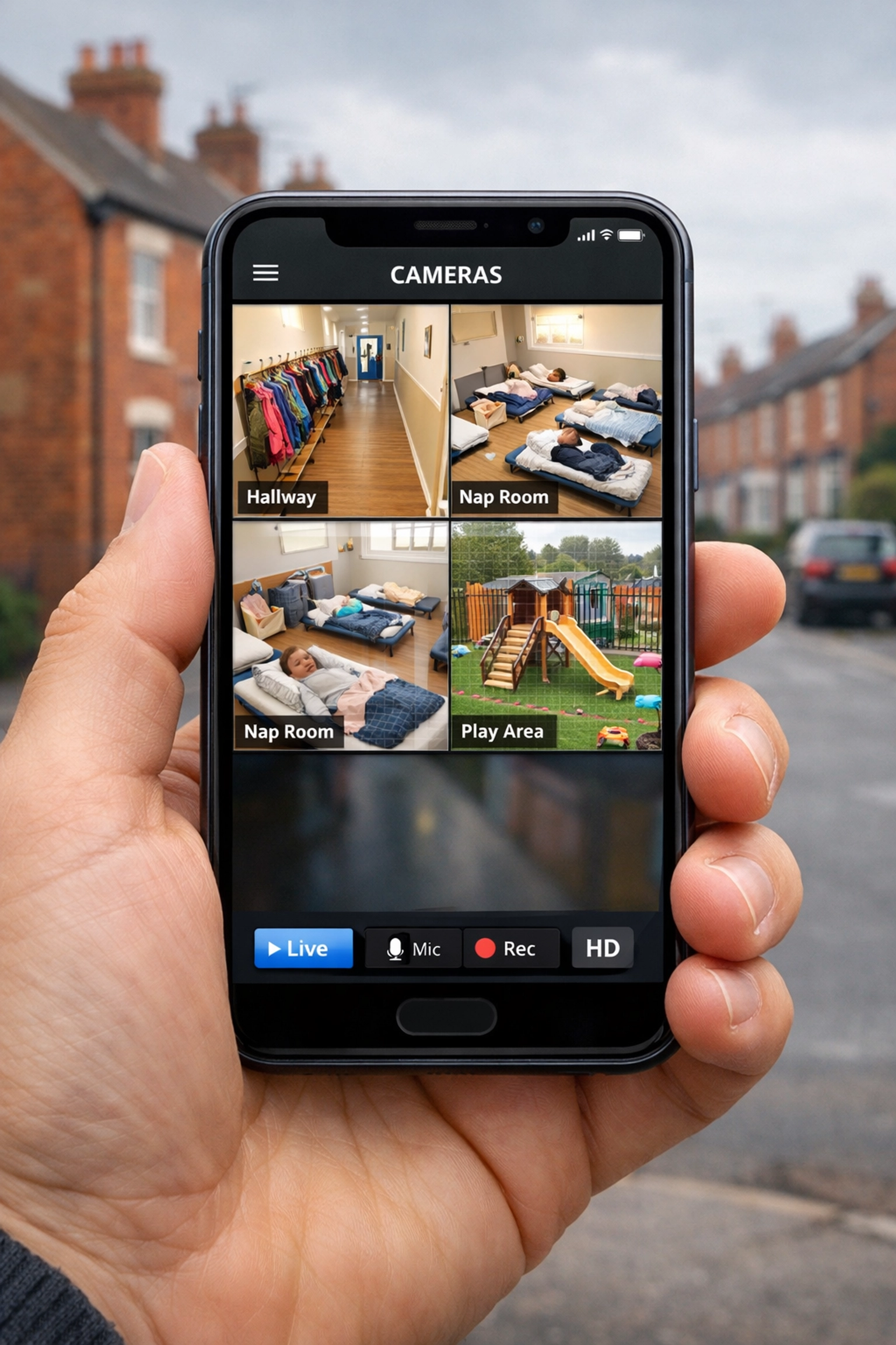 Remote nursery security monitoring on a smartphone showing multiple camera feeds of a childcare centre.