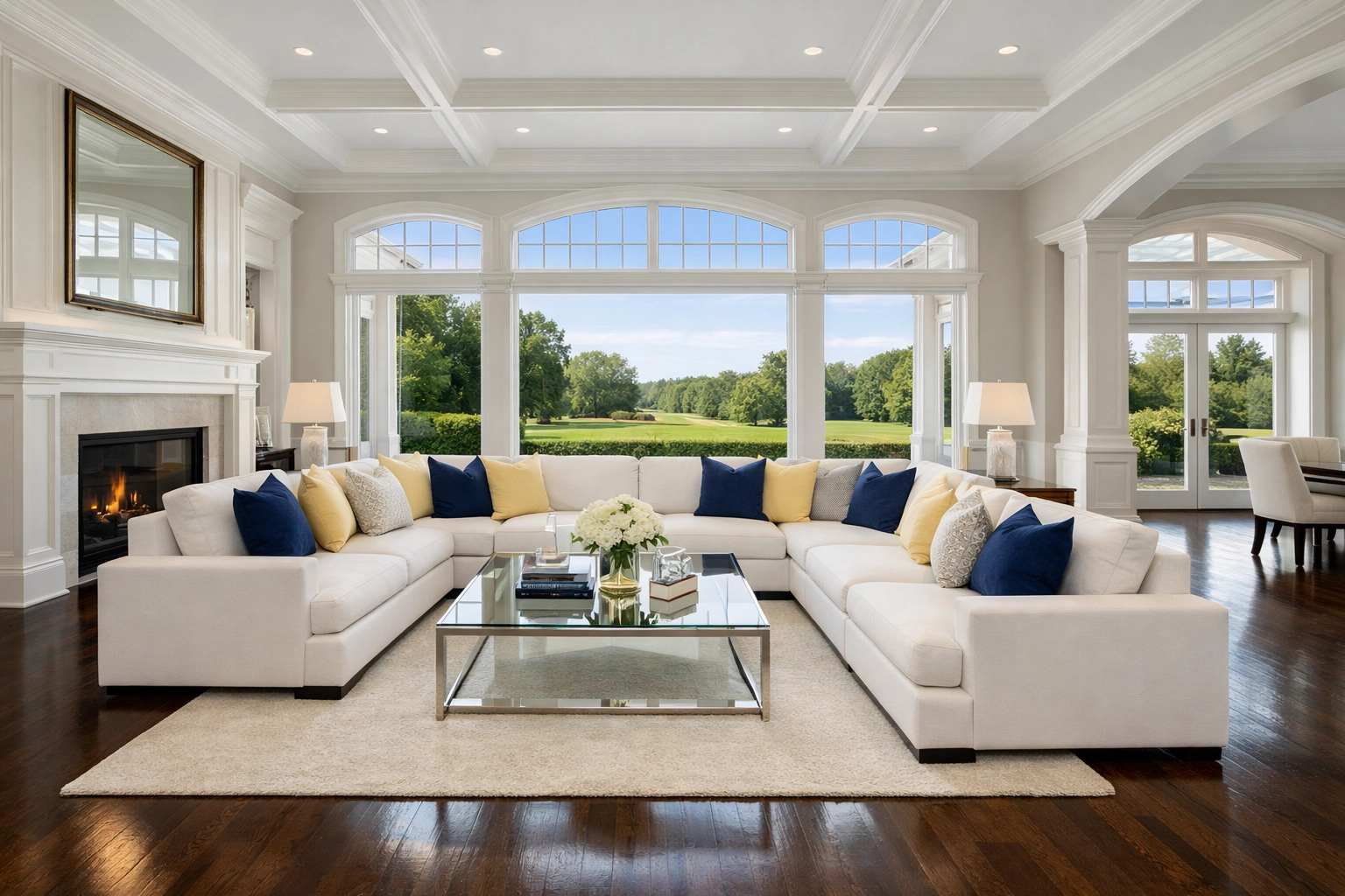 Immaculate estate living room in Dover, MA, illustrating top-tier residential cleaning Massachusetts.
