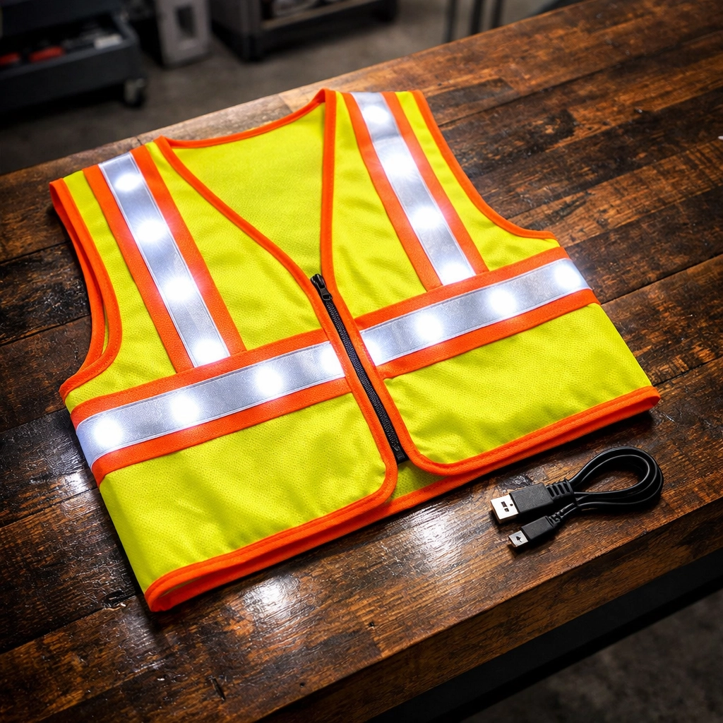 Rechargeable yellow LED safety vest with glowing white lights on a workshop bench for durable rural visibility.