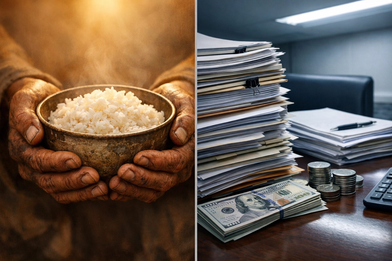 Humanitarian aid debate: hands holding rice bowl contrasted with government documents and money