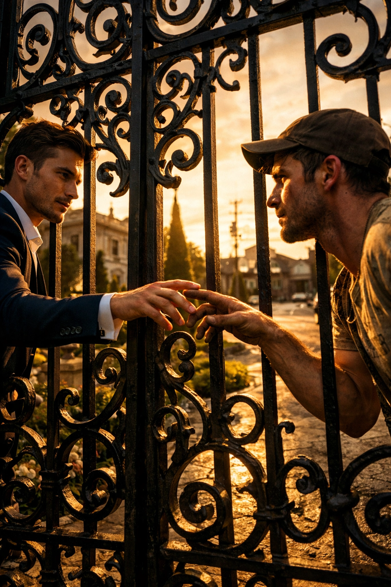 Two men reaching through ornate gate - MM romance depicting class divide and forbidden attraction