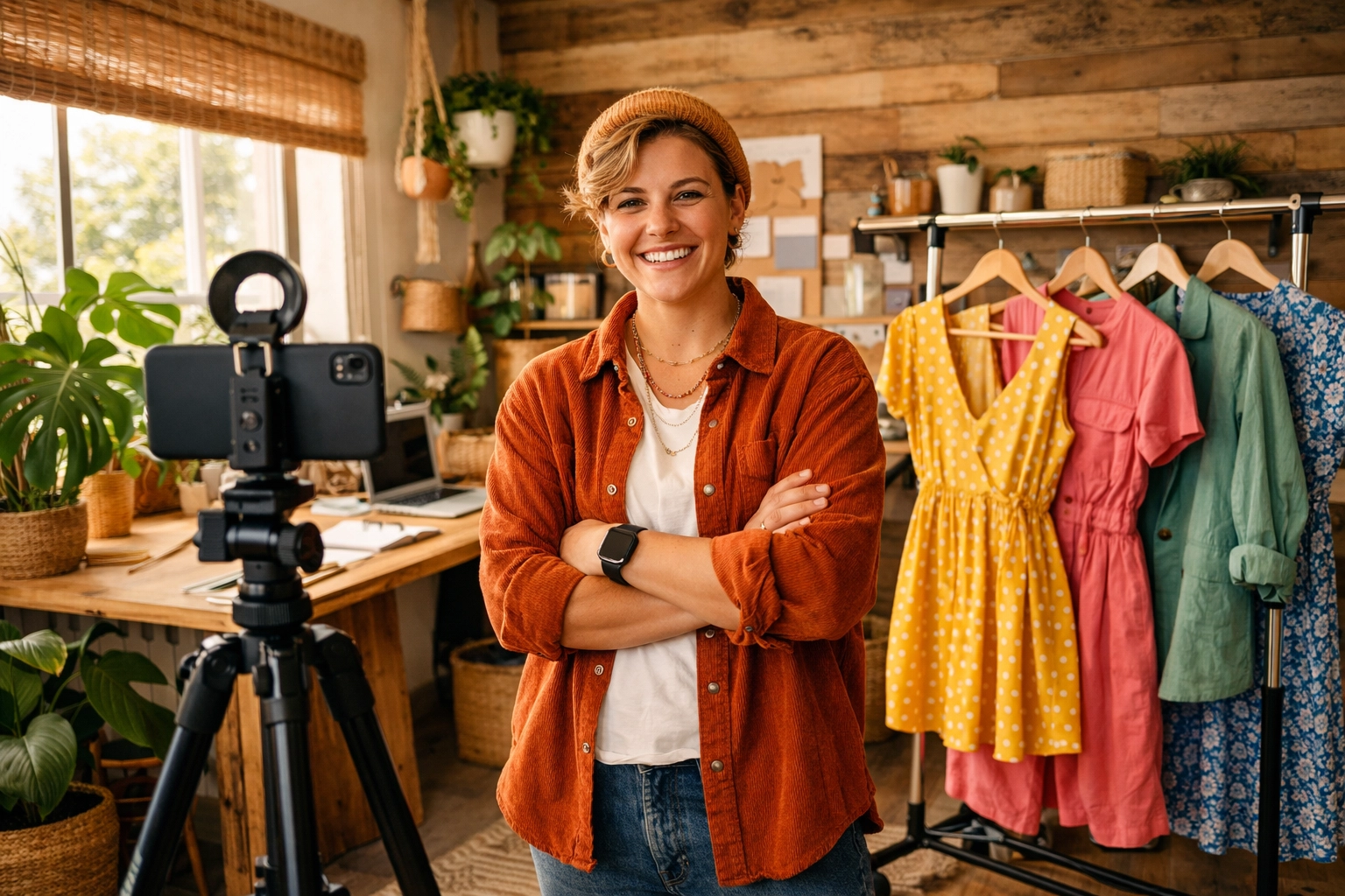 A small business owner batch filming high-quality YouTube Shorts using a smartphone and tripod in a studio.