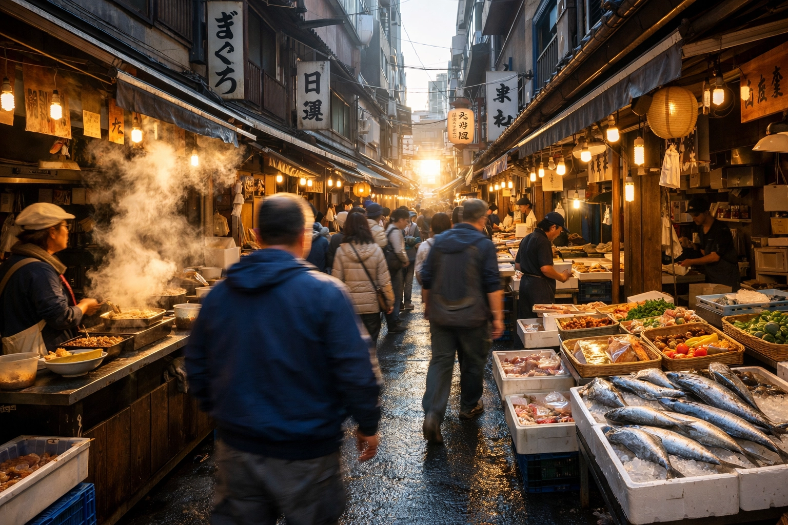 Morning crowds in the narrow, bustling alleys of Tsukiji Outer Market in Tokyo.