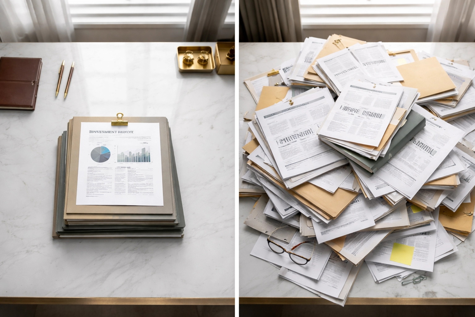 Contrast between a tidy set of investment folders and a chaotic pile, highlighting over-diversification mistakes.