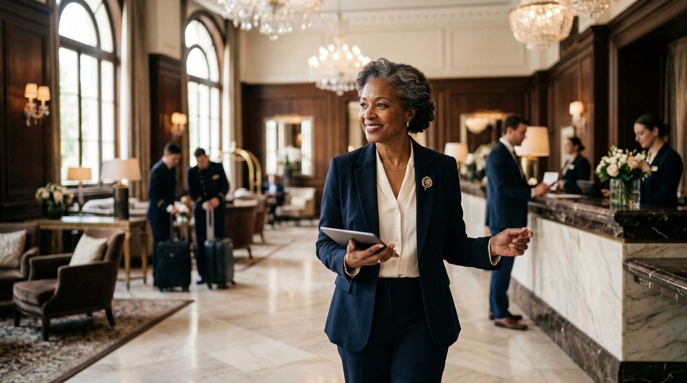Senior hospitality leader overseeing operations in a luxury hotel environment inspired by Marriott, Hilton, or Radisson, with no visible text or logos.