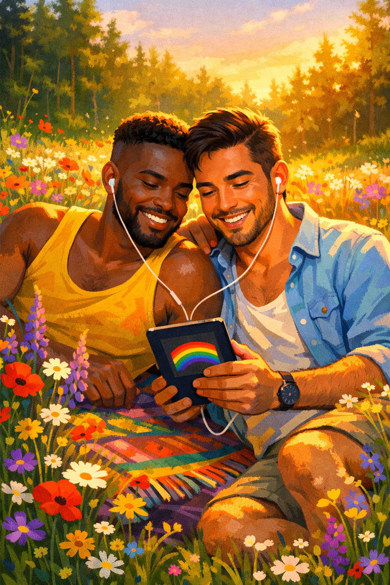 A diverse gay couple reads LGBTQ+ ebooks in a meadow, celebrating queer joy and the love of reading with pride.