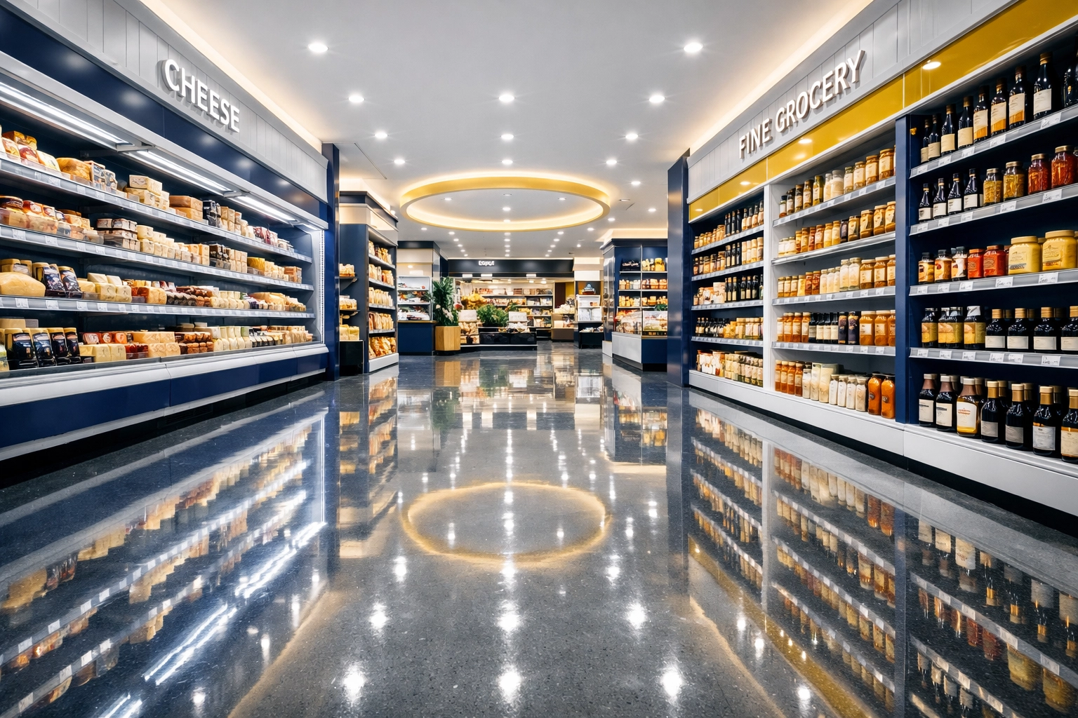 Clean, reflective polished concrete supermarket floor in Burlington showing high-end commercial maintenance.