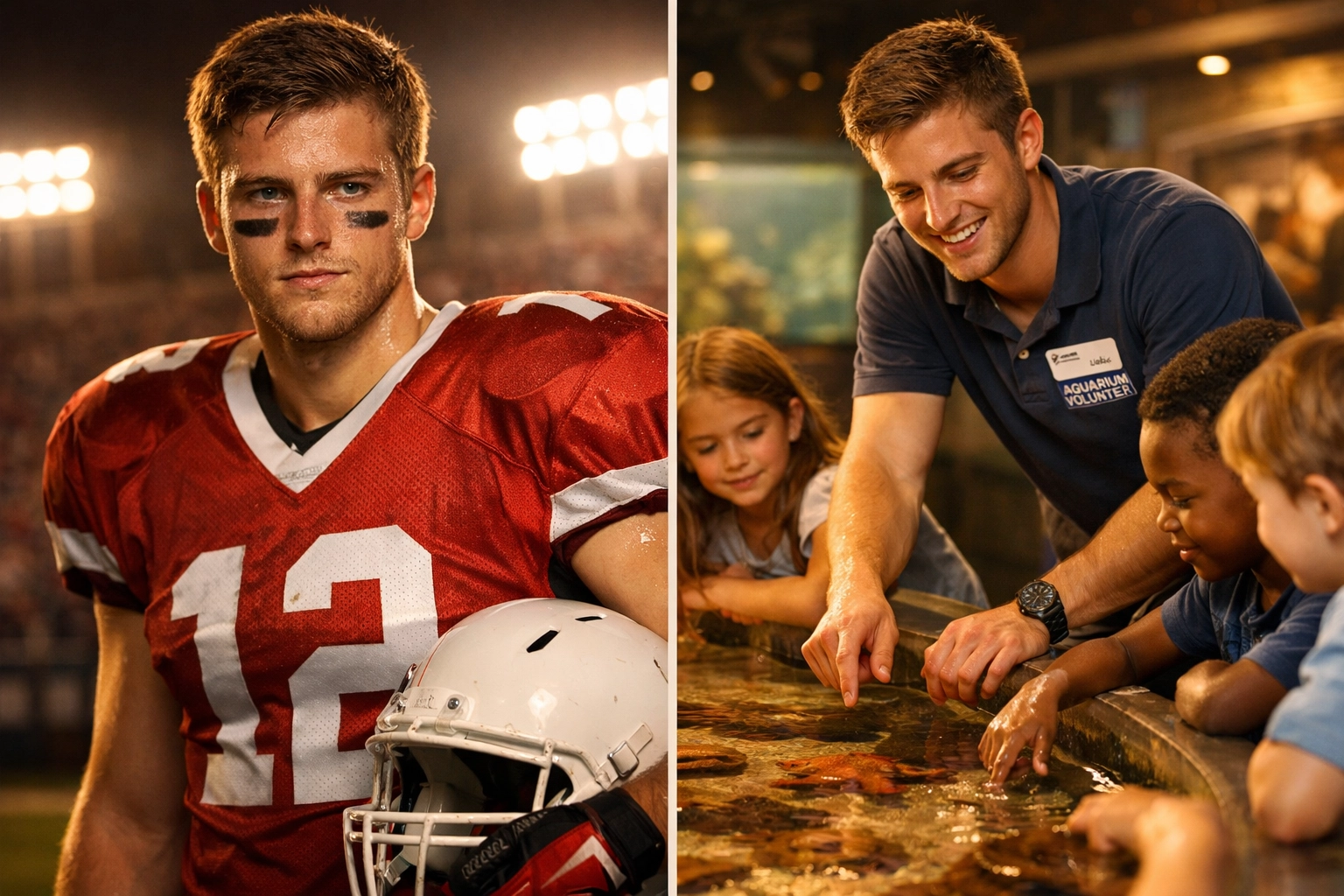 College athlete in uniform and volunteering at aquarium teaching ocean conservation to children