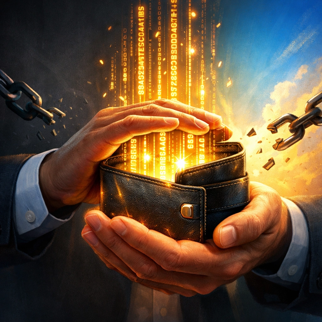 Self-custody crypto wallet with merchant holding private keys and breaking free from custodial control