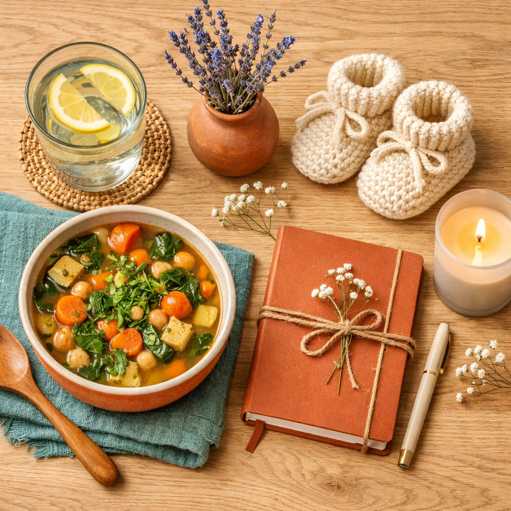 Holistic postpartum recovery essentials including healthy meals, hydration, and self-care for new moms.