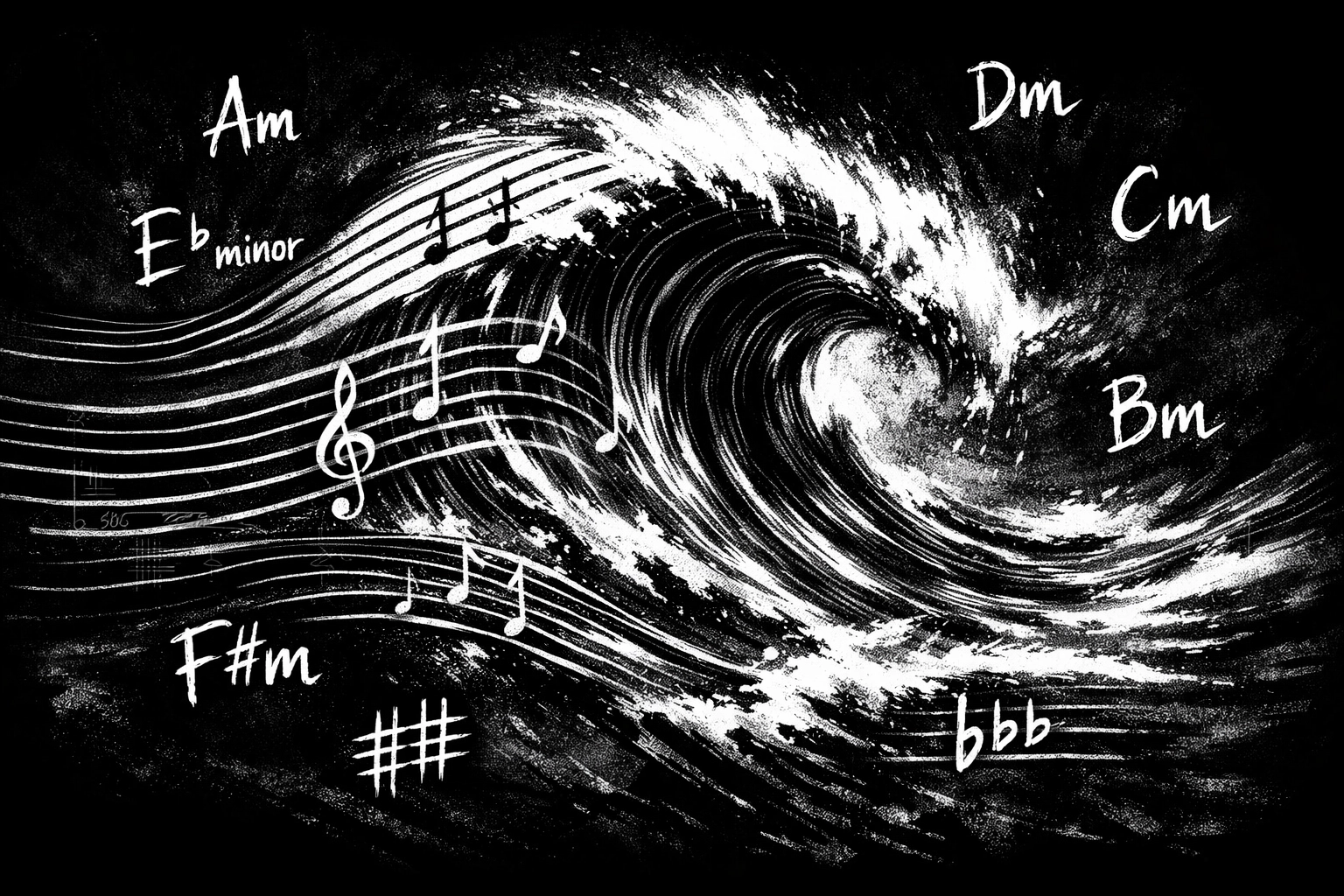 Musical staff lines with minor chords and key signatures for songwriting theory