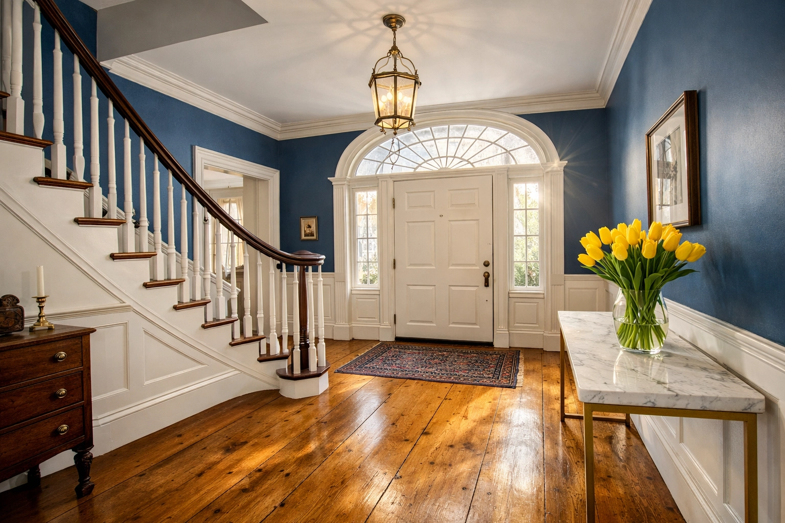 Immaculate Federal-style foyer with polished pine floors highlighting luxury house cleaning in Lexington.