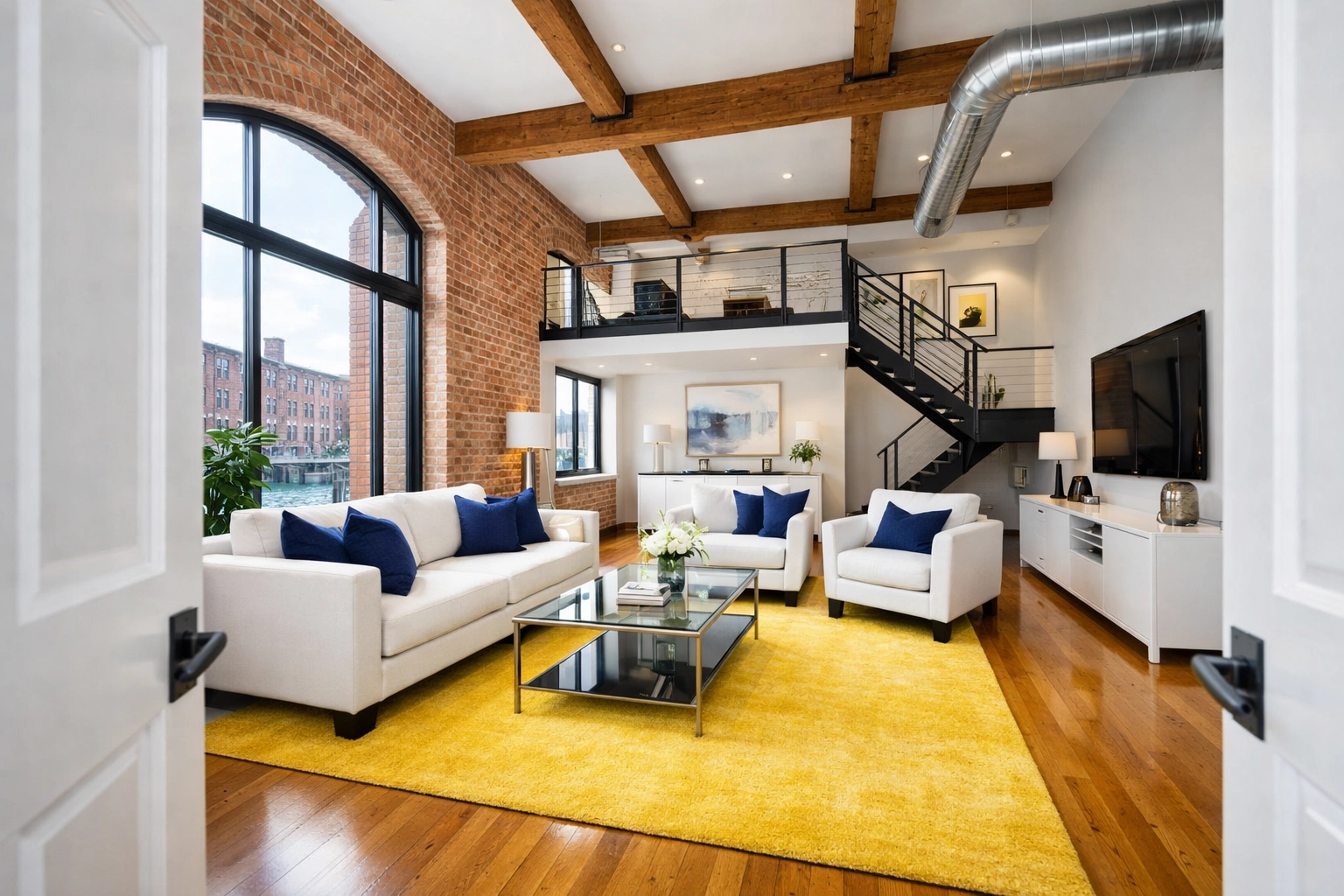 Modern loft living room showcasing high-end house cleaning Lowell MA service results.