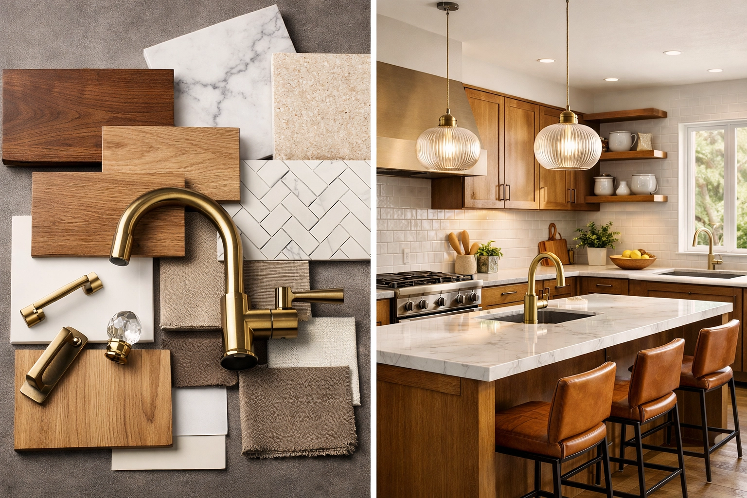 Premium construction materials and finished kitchen showcasing quality remodeling work