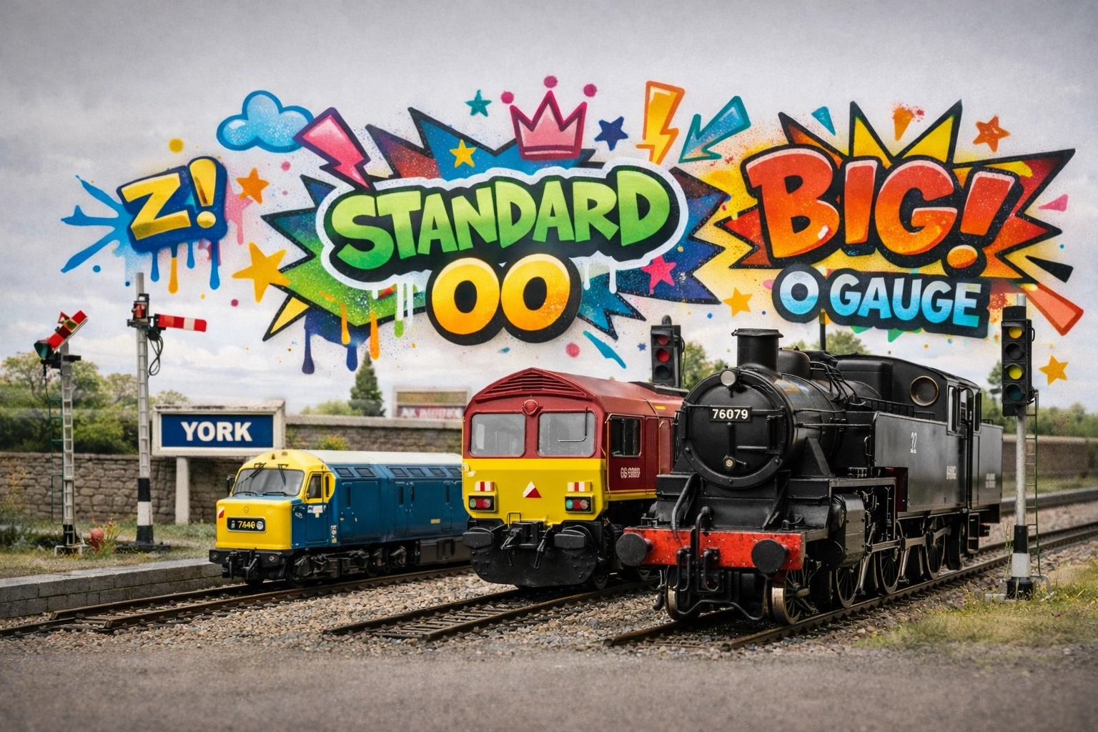 N, OO, and O gauge British outline model locomotives demonstrating versatility across common UK model railway gauges.